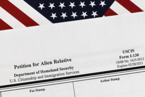 close-up of i-130 form. petition for alien relative, a necessary step in obtaining a family-based green card.