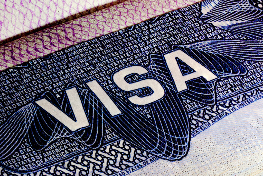 A close-up photograph of a United States visa
