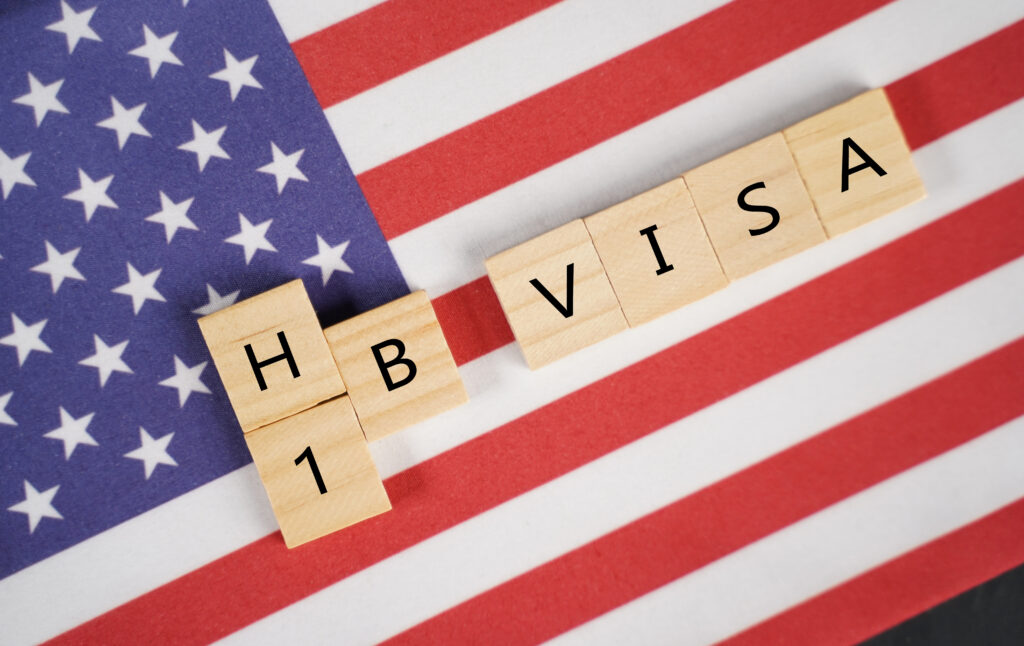 h1b visa spelled out with scrabble letters against an American flag