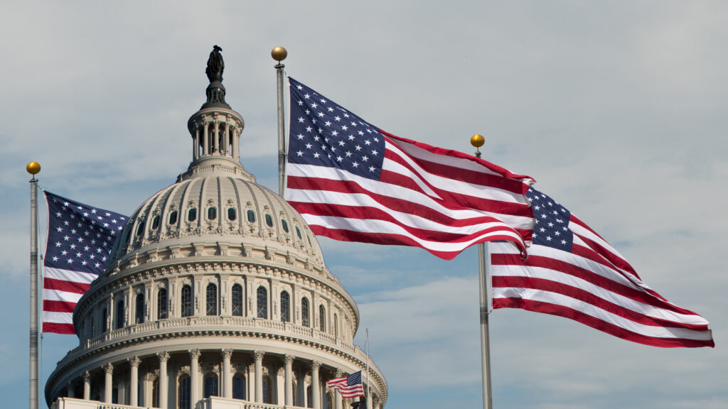 US capitol building with american flags flying in the background, symbolizing the freedom america brings to eb5 visa holders