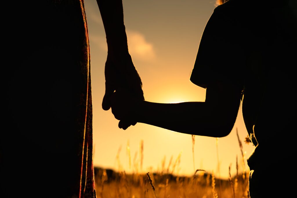 siblings holding hands stand in a field with a setting sun